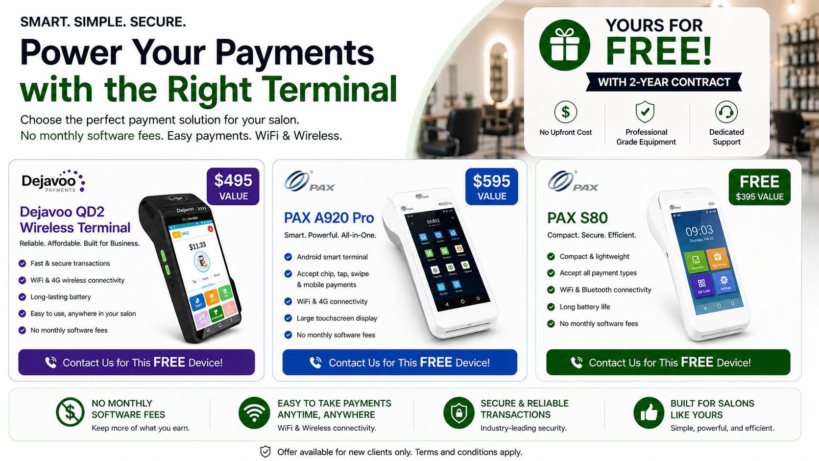 Credit Card Devices — Dejavoo & PAX payment terminals, free with 2-year contract