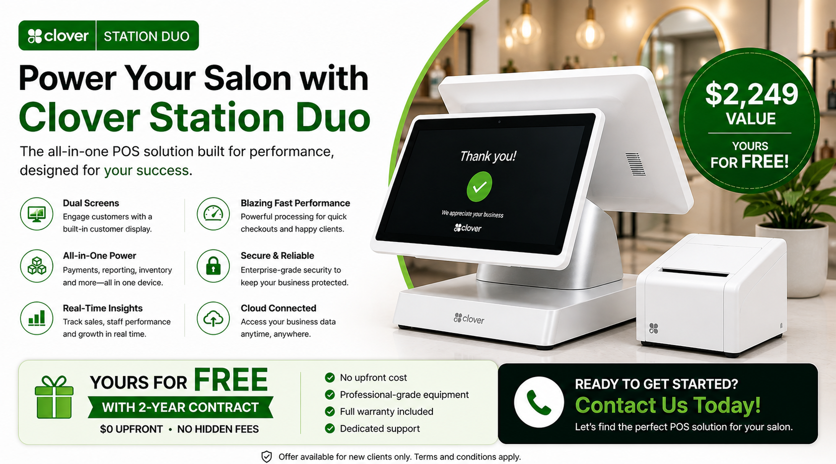 Clover Station Duo — dual-screen all-in-one POS, free with 2-year contract